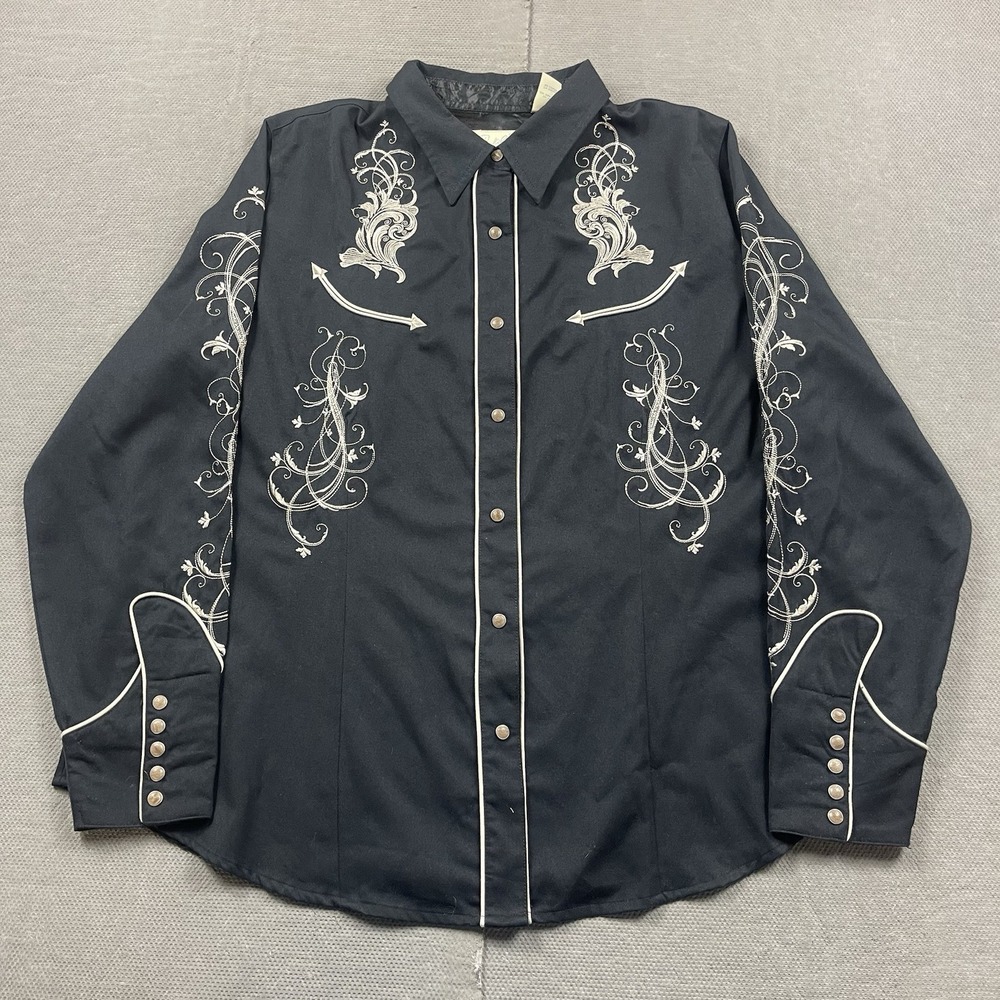 Roper Western Top Womens Plus Size 1X Black White Embroidered Floral Pearl Snap